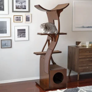 Photo via The Refined Feline (Wayfair), featuring the Lotus Cat Tree - Mid-Century Modern Cat Furniture